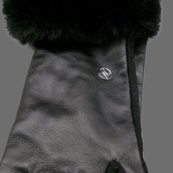 Adrienne Vittadini Black Wool Leather Gloves Faux Fur Trim, M, Touchscreen Pads - Picture 2 of 7